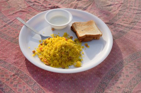 poha bread and curds in plastic plate, Jaisalmer, Rajasthan, India, Asia