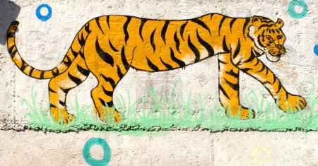 Téléchargez les photos : Tiger Panthera tigris ; animal sauvage peint sur le mur du parc zoologique Rajiv Gandhi ; Katraj ; Pune ; Maharashtra ; Inde - en image libre de droit