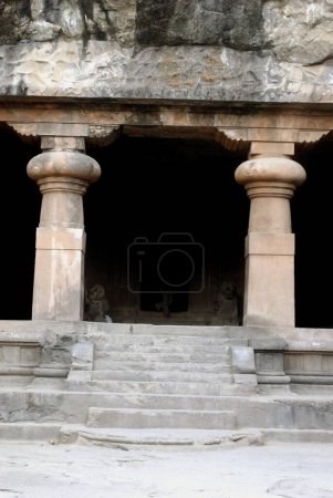 UNESCO World Heritage Site ; Richly stone carved pillars at Elephanta Caves ; Gharapuri now known as elephanta Island ; District Raigad ; Maharashtra ; India
