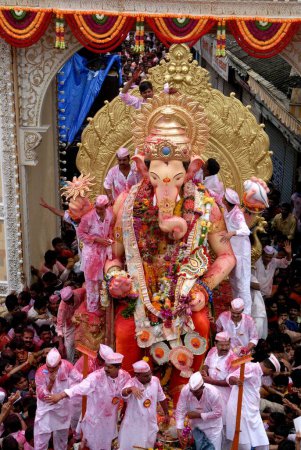 Photo for Ganesh Ganpati festival, Lalbaug ka Raja Lord Ganesh idol coming out for immersion at Lalbaug Parel, Mumbai Bombay, Maharashtra,  India - Royalty Free Image