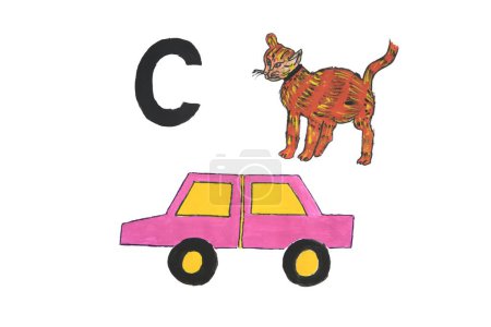 Téléchargez les photos : Aquarelle de l'alphabet c avec voiture et chat - en image libre de droit