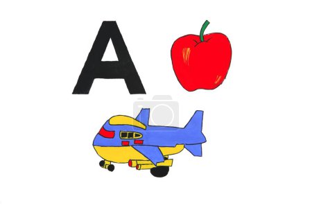 Photo for Watercolour painting of alphabet a with aeroplane and apple - Royalty Free Image