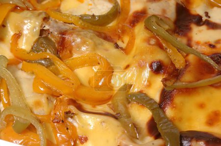 Alimentos, lasañas (platos de pasta), al horno con salsa blanca de carne picada y cubierto con queso y pimiento