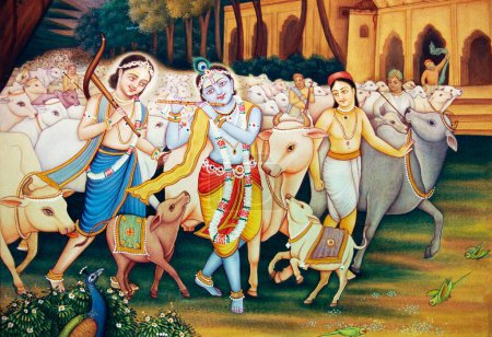 Téléchargez les photos : Krishna et Balram avec peinture miniature au gopal - en image libre de droit