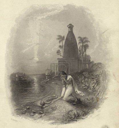 Téléchargez les photos : Peinture miniature, La Mère hindoue, laissant son enfant mort emporté par la marée sur les rives du Gange 19ème siècle, Inde - en image libre de droit