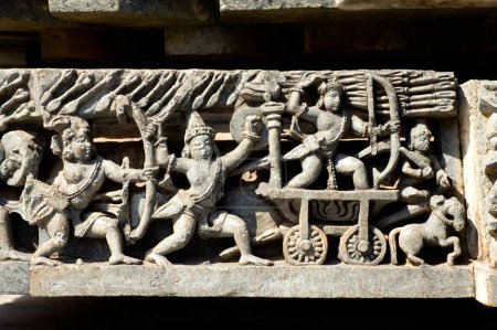 War scene carved on wall of hoysaleswara temple ; Halebid Halebidu ; Hassan ; Karnataka ; India