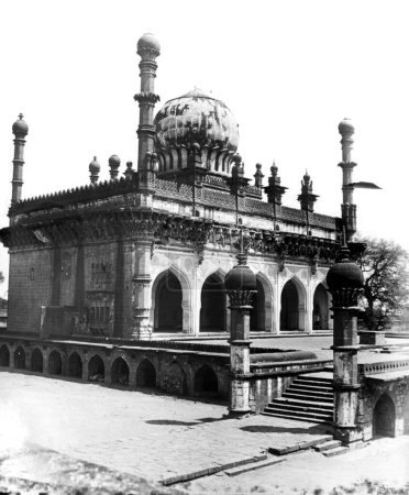 old vintage lantern slide of ibrahim rauza tomb, bijapur, karnataka, India, Asia