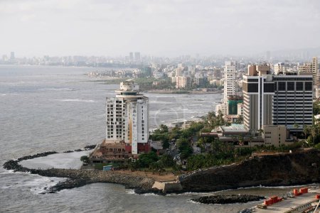Hotel Sea Rock and Taj land ends can be seen from the construction site of the Bandra Worli sea link on Arabian sea ; Bombay Mumbai ; Maharashtra ; India