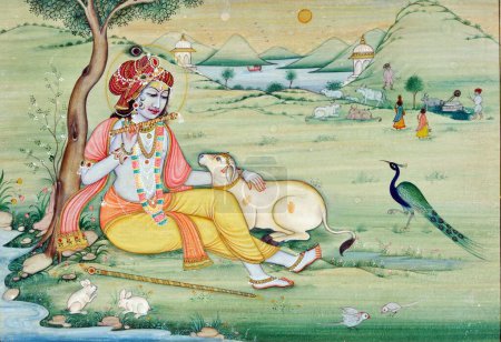 Téléchargez les photos : Peinture miniature de krishna jouant de la flûte - en image libre de droit