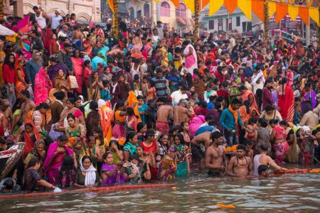 Photo for Pilgrims bathing, Dashashwamedh Ghat, Ganga river Ganges, Varanasi, Banaras, Benaras, Kashi, Uttar Pradesh, India - Royalty Free Image
