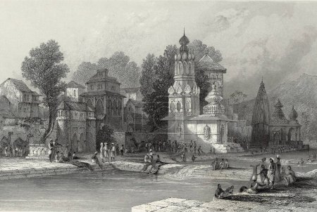 Téléchargez les photos : Peinture miniature ; Nassuk sur la rivière Godavari Temples à Nasik ; Maharashtra ; Inde 19ème siècle - en image libre de droit