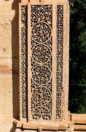 UNESCO world heritage Champaner Pavagadh ; Cenotaph of Nagina Masjid ; with beautiful floral carvings (Arabasc and Interwine designs) and jali work ; Champaner ; district Panchmahals ; Gujarat state ; India ; Asia