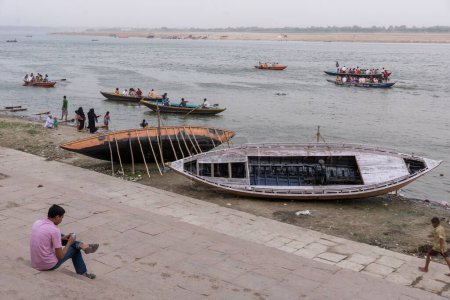 Photo for Boats parked, varanasi, uttar pradesh, india, asia - Royalty Free Image