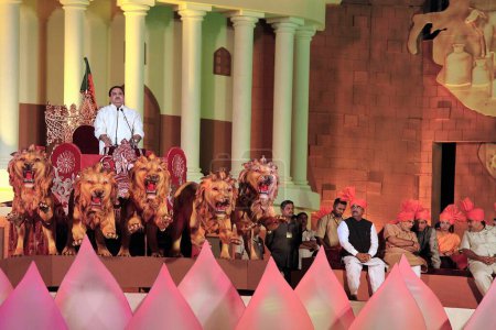 Photo for Prakash mehta and bjp leaders on stage, mumbai, maharashtra, india - Royalty Free Image
