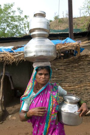 Photo for Woman carrying water ; Water shortage ; Marathwada ; Maharashtra ; India - Royalty Free Image