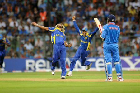Photo for Sri Lankan bowler, celebrate wicket of Indian batsman Virendra Sehwag R during the 2011 ICC World Cup Final between India and Sri Lanka at Wankhede Stadium on April 2 2011 in Mumbai India - Royalty Free Image