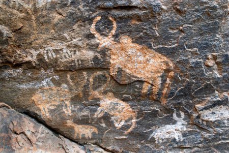 Téléchargez les photos : Peintures rupestres préhistoriques à Porivarai à Karikkiyoor ; Nilgiris ; Tamil Nadu ; Inde - en image libre de droit