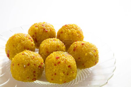 Indian sweet food Bonbon Confectionery Motichur or Boondi Laddos served in plate