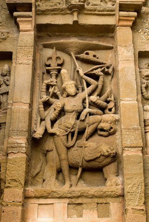 Durga with Simhavahanam statue ; Kailasanatha temple in sandstones built by Pallava king Narasimhavarman & son Mahendra eight century in Kanchipuram ; Tamil Nadu ; India