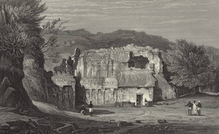 Téléchargez les photos : Peinture miniature ; Vue de face des grottes Kylas d'Ellora Kailash ; le magnifique temple de roche du 8ème siècle parmi les grottes hindoues d'Ellora ; Maharashtra ; Inde Esquissé par le Capt R Elliot 19ème siècle Inde - en image libre de droit