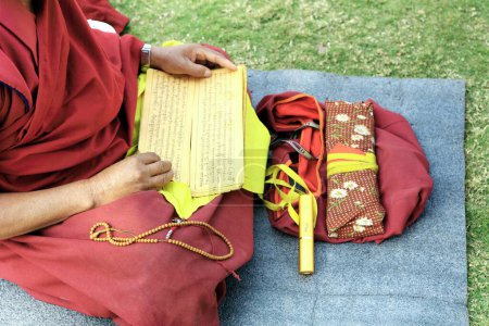 Foto de Monje budista leyendo escrituras, Sanchi, Madhya Pradesh, India - Imagen libre de derechos