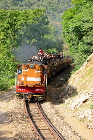 Photo for Locomotive running on track, Goram ghat, Marwar junction, Rajasthan, India - Royalty Free Image
