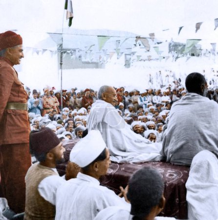 Photo for Mahatma Gandhi and Khan Abdul Ghaffar Khan  at public meeting, India, Asia, October 1938 - Royalty Free Image
