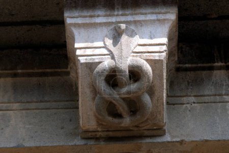 Foto de Cobra de anteojos de serpiente tallada en piedra en el templo de Laxmi Narsihapur; Taluka Indapur; District Pune; Maharashtra; India - Imagen libre de derechos