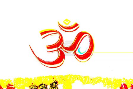 Téléchargez les photos : OM en couleur rouge ; création cosmique ; parole sainte de la religion hindoue à l'entrée du temple Shri Dasabhuj Lakshmi Ganesh à Hedvi ; région de Konkan ; Taluka Guhagar ; District Ratnagiri ; Maharashtra ; Inde - en image libre de droit