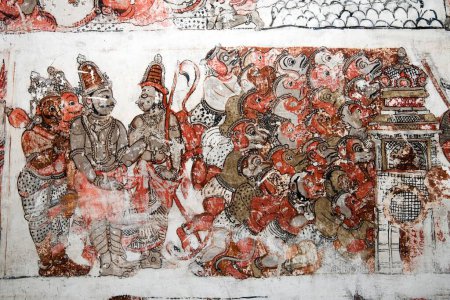 Foto de Murales que representan Ramayana y Mahabharat en el techo en el templo de Chennakeshwara, Adiyamankottai cerca de Dharmapuri, Tamil Nadu, India - Imagen libre de derechos