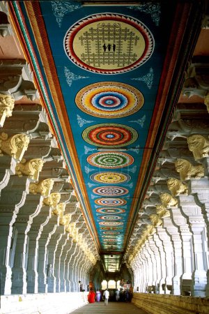 Téléchargez les photos : World longest corridor in Ramanathaswamy temple ; Rameswaram Rameshvaram ; Tamil Nadu ; India - en image libre de droit