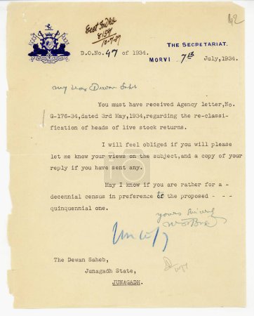 Téléchargez les photos : Tête de lettre avec sceau royal ou armoiries 7 / vii / 1934 ; Morvi ou Morbi Saurashtra ; Gujarat ; Inde - en image libre de droit