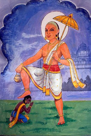 Vamanavtar oder Zwerg fünfte Inkarnation von Herrn Vishnu bunt bemalt auf Wand des Vishnu Narayan Tempels an der Spitze von Parvati; Pune; Maharashtra; Indien