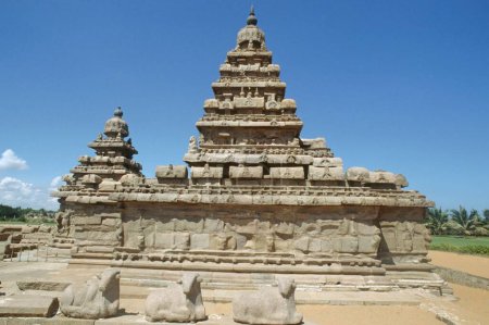 Templo costero rescatado del mar en Mahabalipuram; Tamil nadu; India