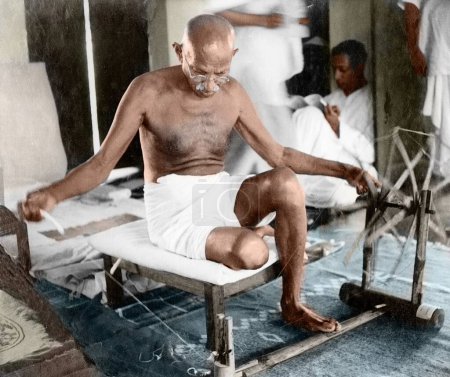 Photo for Mahatma gandhi spinning at khadi, pratishthan, sodepur, calcutta, india, asia, 1946 - Royalty Free Image