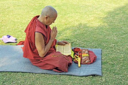 Téléchargez les photos : Moine bouddhiste lisant les Écritures, Sanchi, Madhya Pradesh, Inde - en image libre de droit