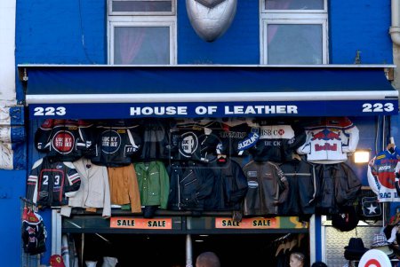 Leather goods store in Camden town market ; London ; U.K. United Kingdom England