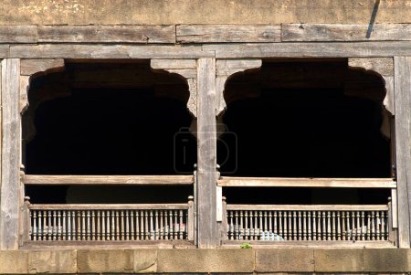 Wooden balcony and railing ; Delhi main entrance Nagarkhana of Shaniwarwada ; Pune ; Maharashtra ; India