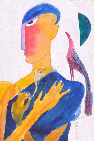 Téléchargez les photos : Offrant homme avec oiseau et lune aquarelle sur papier fait main - en image libre de droit