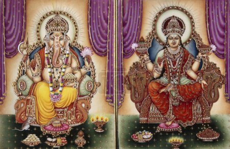Photo for Lord Ganesh ganpati Goddess and Lakshmi Miniature Painting on Ivory - Royalty Free Image
