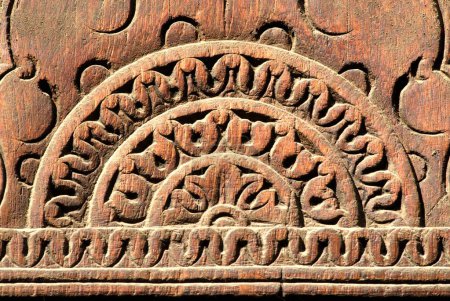 Photo for Geometrical and floral design carved on the wooden pillar at entrance of Vishrambaug Wada second palace of Peshve the Maratha king ; Pune ; Maharashtra ; India - Royalty Free Image