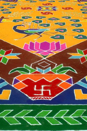 Photo for Aerial view of huge Rangoli ; floor design drawn with colored powder for celebrating Gudi Padva Festival ; New year of Hindu religion ; Thane ; Maharashtra ; India - Royalty Free Image