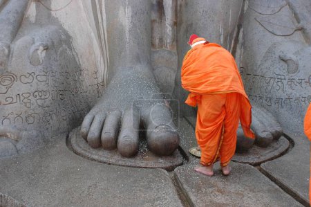 Jain devotee bow down at foot of  58.8 feet monolithic statue of jain saint Gomateshwara lord Bahubali in mahamastakabhisheka head anointing ceremony ; Sravanabelagola ; Karnataka ; India