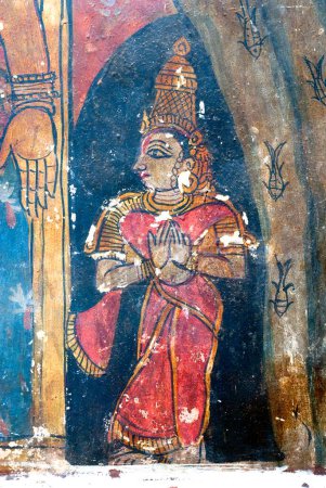 Foto de Murales del siglo XVII en la pared en Varadaraja Perumal templo Vishnu en Kanchipuram; Tamil Nadu; India - Imagen libre de derechos