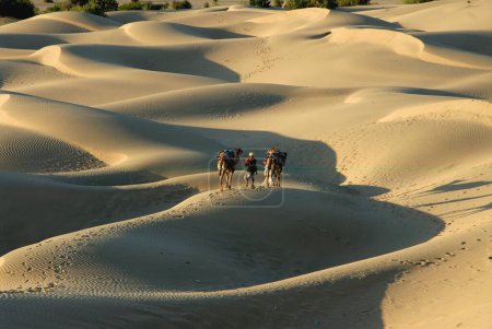 Foto de Camellos con hombres en dunas de arena de Sam del desierto; Jaisalmer; Rajasthan; India - Imagen libre de derechos