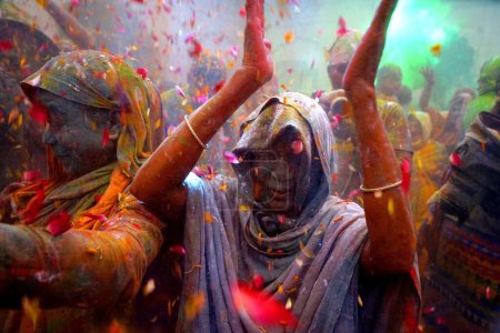 Photo for Widows dancing celebrating Holi festival,  Gopinath temple, Uttar Pradesh, India, Asia - Royalty Free Image
