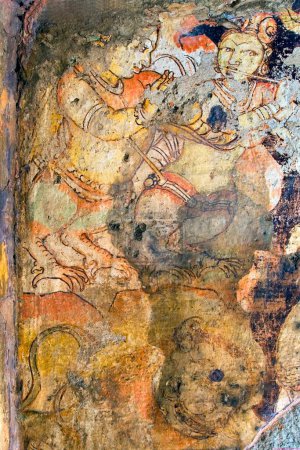 Kinnaras fresco; Mitología hindú; amante paradigmático; músico celeste; mitad humano y mitad pájaro en el templo de Kailasanatha; Kanchipuram; Tamil Nadu; India