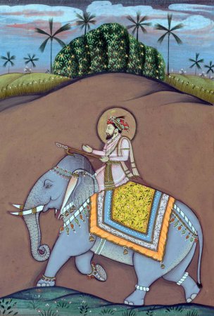 Foto de Pintura en miniatura del emperador mogol Shah Jahan sentado sobre un elefante - Imagen libre de derechos