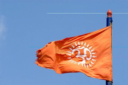 Flag of Hindu religion with OM ; Vivekananda rock memorial ; Kanyakumari ; Tamil Nadu ; India