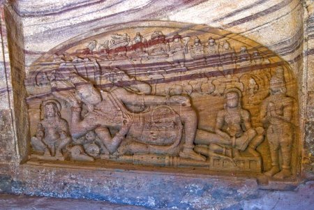 Vishnu Ananthashayana bas relief in Ananthashayana temple in cave temple 7th century ; Badami ; Karnataka ; India